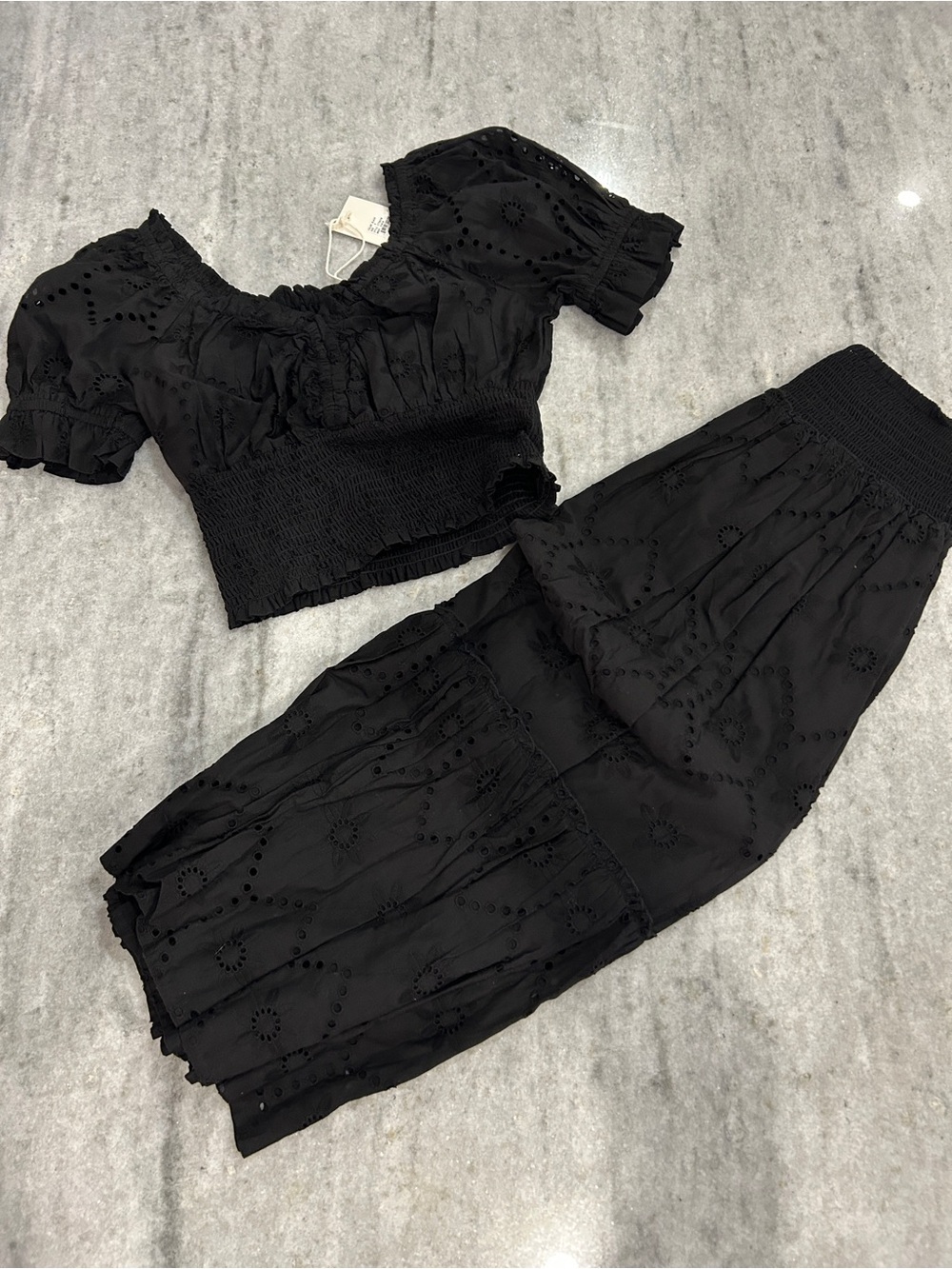 Jennifer & Grace Women's Black Eyelet Smocked Maxi Skirt Set Size S